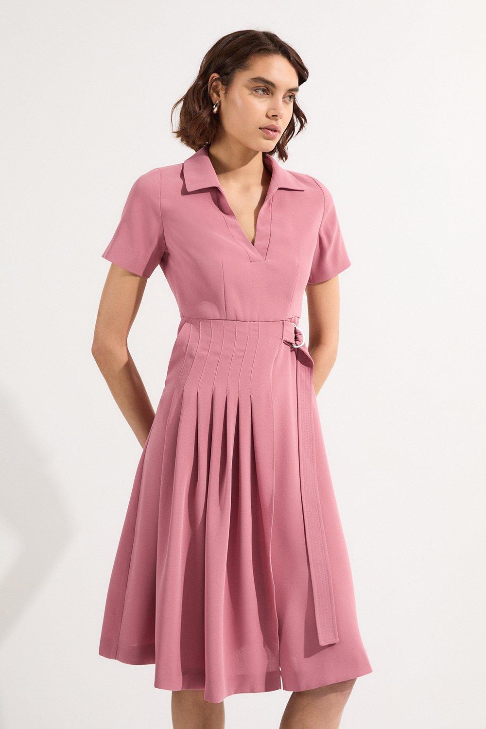 Petite Soft Tailored Pleated Belted Midi Dress